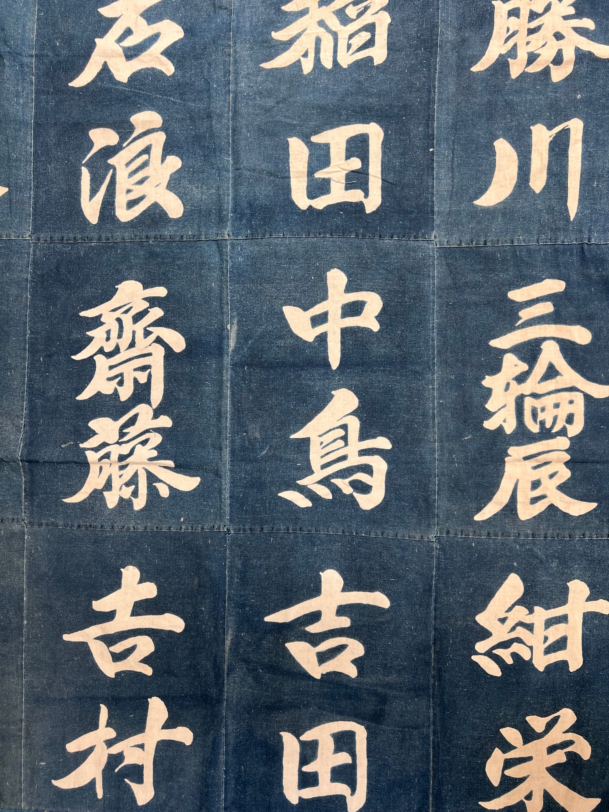 Close-up of Japanese characters on an indigo patchwork background
