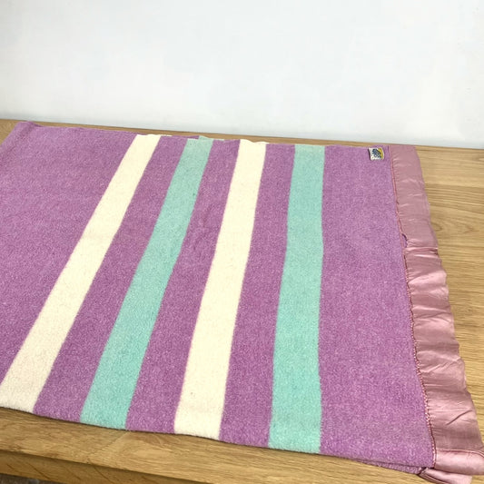 Striped Baron Vintage wool blanket with purple, green, and white stripes 